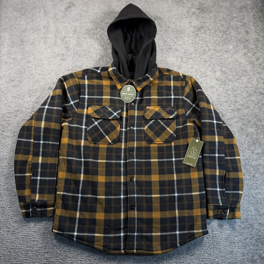 Matix Mens Shadow Plaid Hooded Shirt Jacket Sherpa Lined Black Gold L Shacket